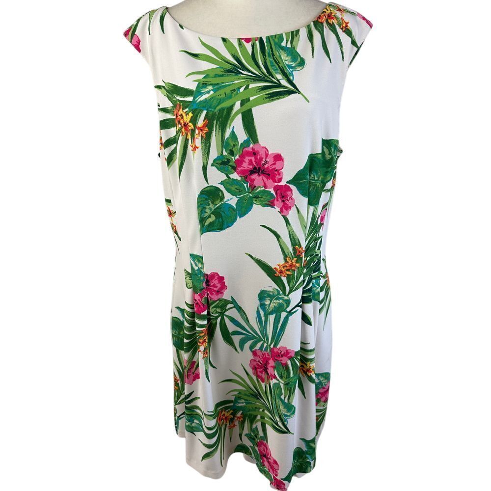 J Howard Maxi Dress Women's 16 Tropical Floral‎ Print White Hibiscus Palm Leaves